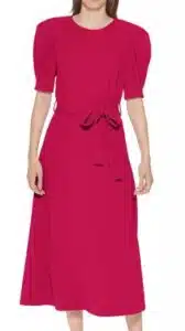 Puff-Sleeve Belted Midi Dress