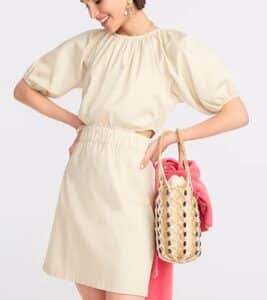 Puff-sleeve side-cutout mini dress in lightweight chino