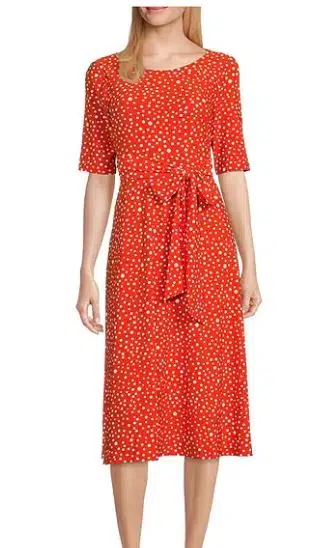 Dotted Print Round Neck Short Sleeve Tie Waist A-Line Midi Dress