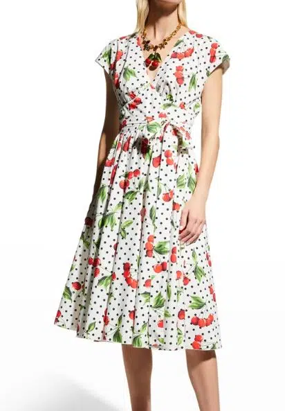 Evase Polka-Dot Cherry-Print Poplin Dress