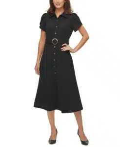 Macy's dresses puff sleeve belted midi dress