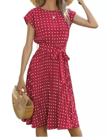 Polka Dot Midi Modest Summer Dress for Women Short Sleeve with Belt