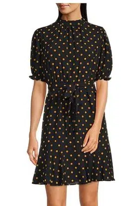 Polka Dot Print Short Puff Sleeve Mock Neck Tie Waist Ruffle Hem Dress