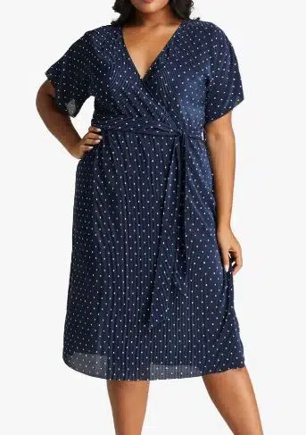 Sandra Polka Dot Plissé Faux Wrap Dress