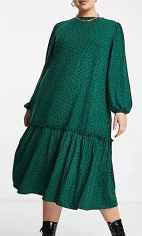 Simply Be midi smock dress with tiered hem in green polka dot