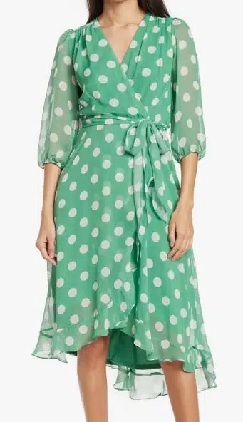 Surplice Neck Three-Quarter Sleeve Polka Dot Print Chiffon Faux Wrap Dress
