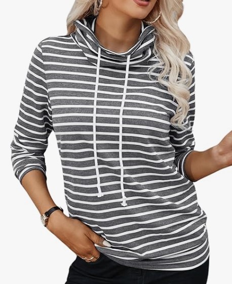 COZYEASE Striped Tee Shirts Casual Long Sleeve Drawstring (4 colors), $9.99