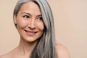Hairstory feature, woman with beautiful grey hair