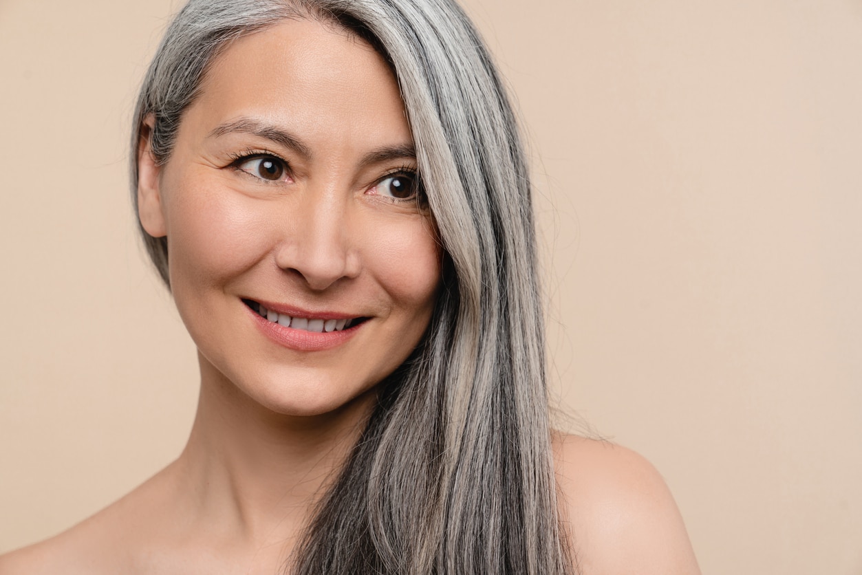 Hairstory feature, woman with beautiful grey hair