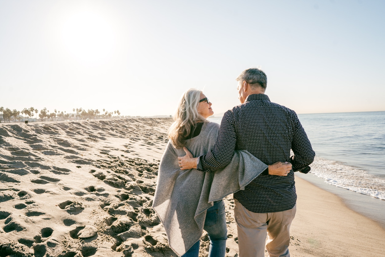 Couple walking on the beach, fall weather
