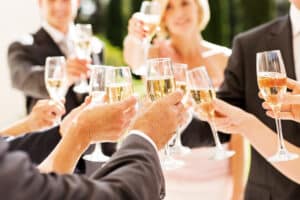 Fall wedding guest dresses; toast; celebration