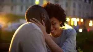Sapiosexual man and woman touchingh eads