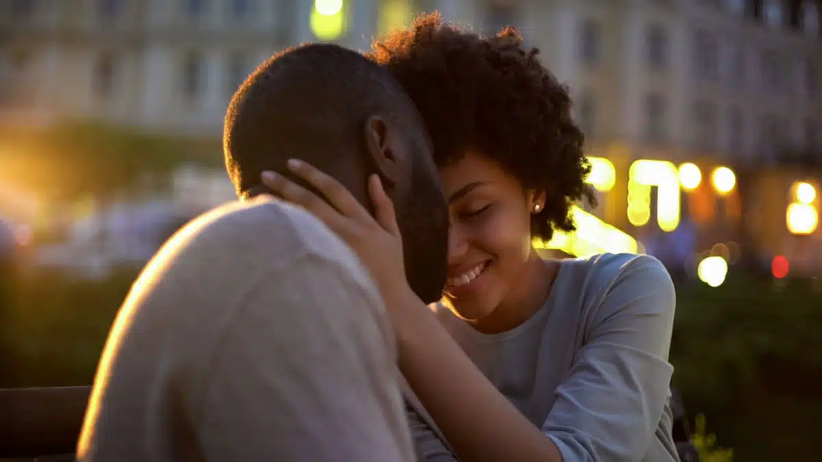 Sapiosexual man and woman touchingh eads