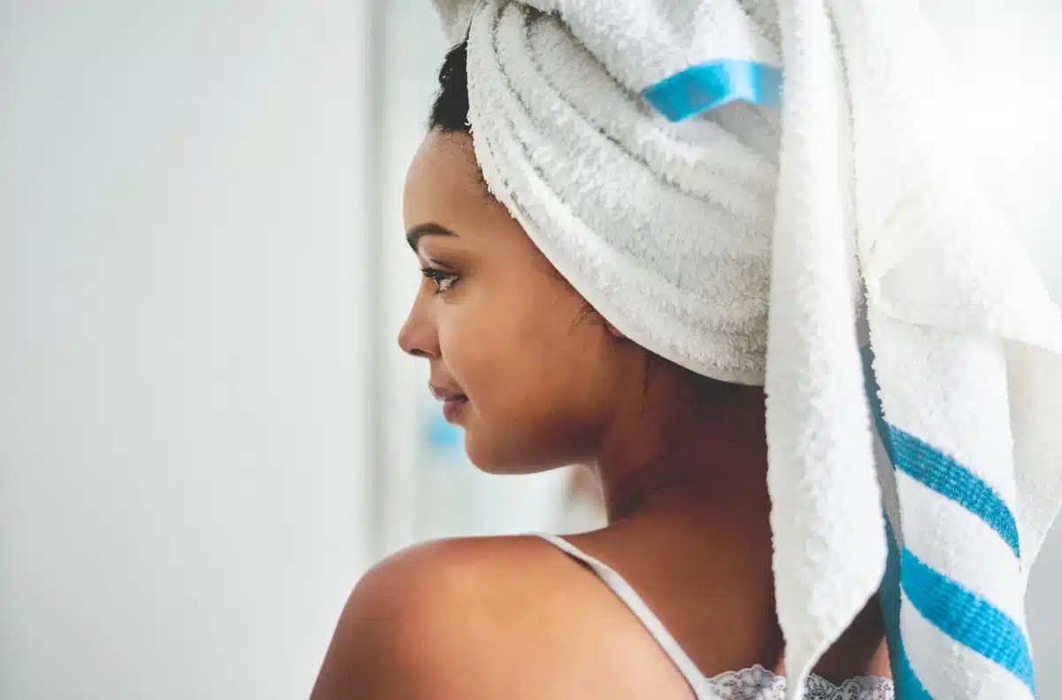 Woman with hair in a towel