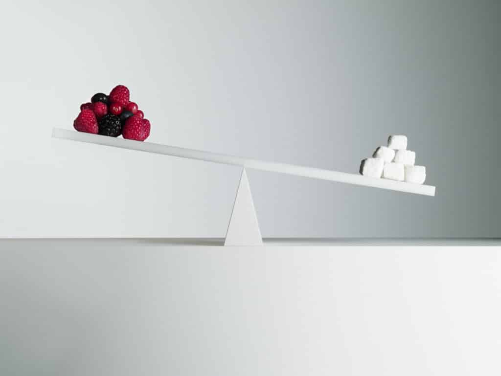 Fruits with the most sugar; fruit vs sugar on a scale