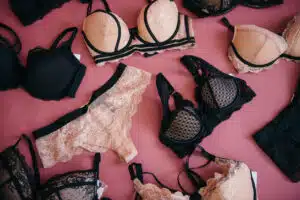 Colorful women's underwear. Top view, flat lay. Female wardrobe, shopping concept. Woman dream