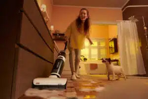 Woman thinks bubble bath spill is hilarious