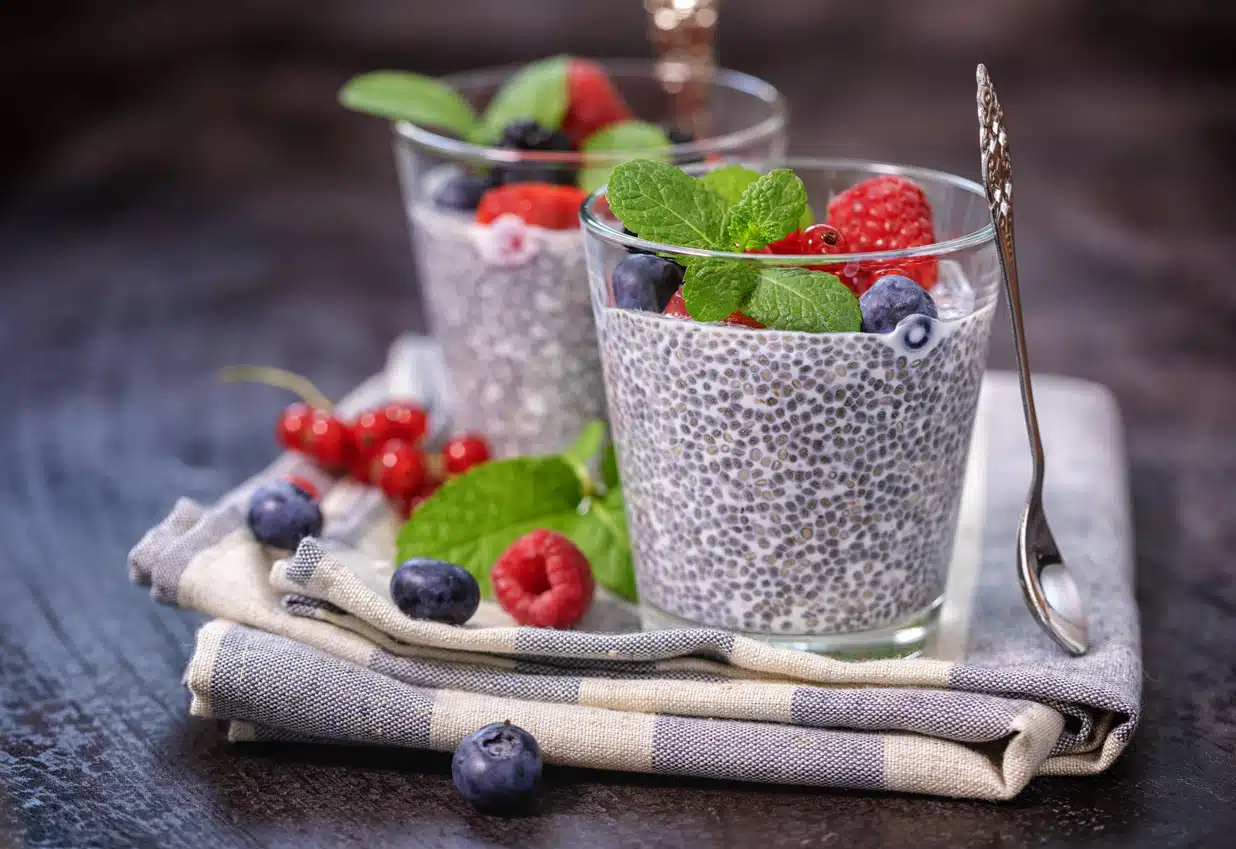 Chia seed pudding with fresh berries for the breakfast
