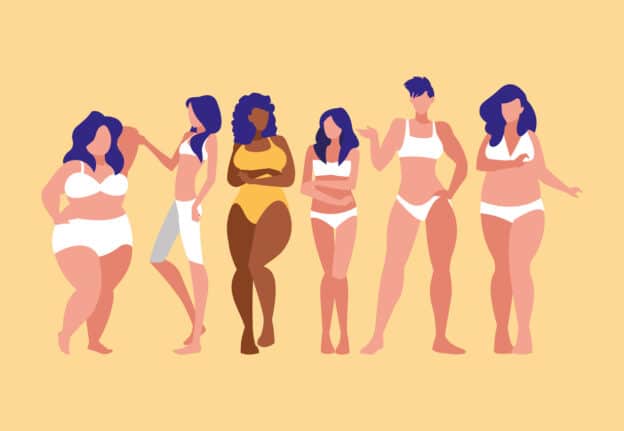 women of different sizes and races modeling underwear vector illustration design