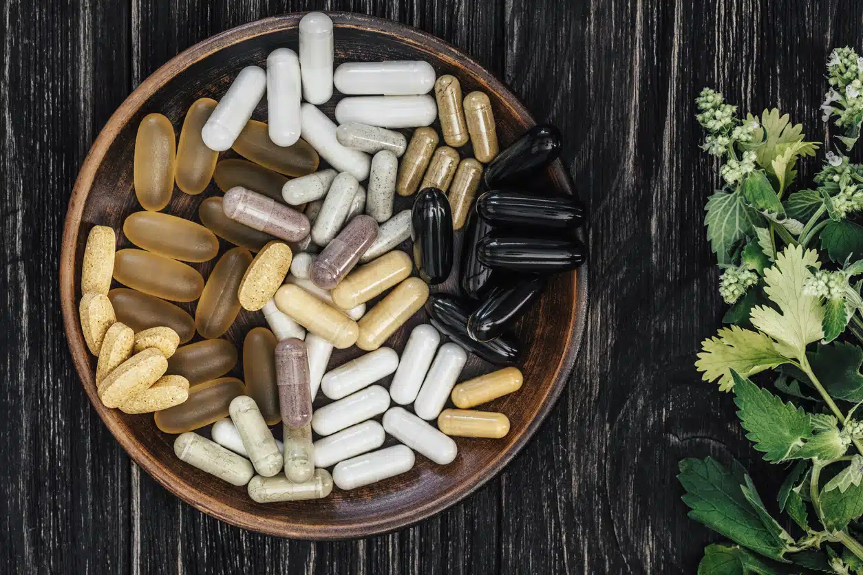 Multivitamin pills on a clay plate, on a vintage wooden table, with a sprig of mint