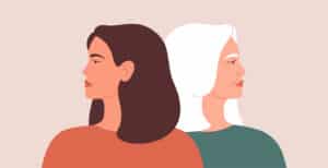 two look away from each other during conflict or disagreement. Women have their backs on one another. Vector illustration