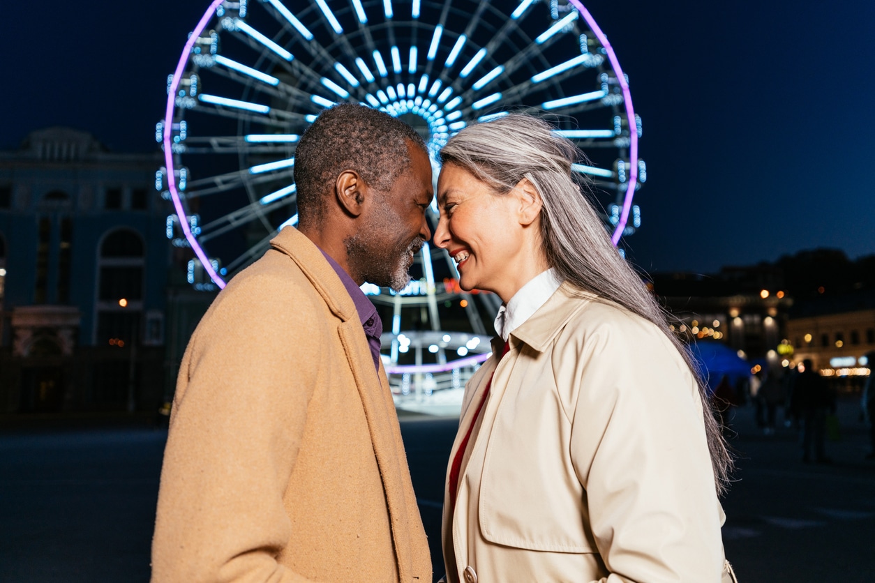 Storytelling image of a multiethnic senior couple in love