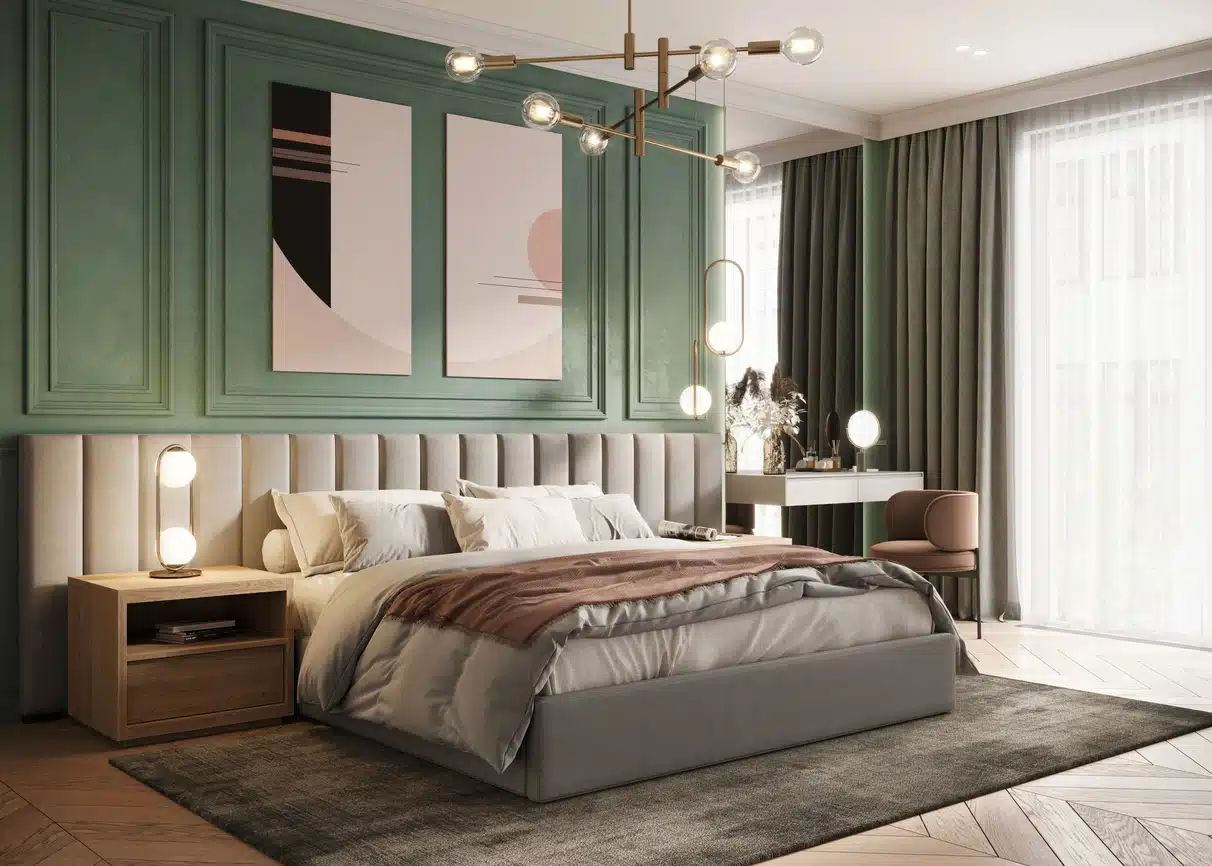 Comfortable and cozy bed on a wooden hard floor