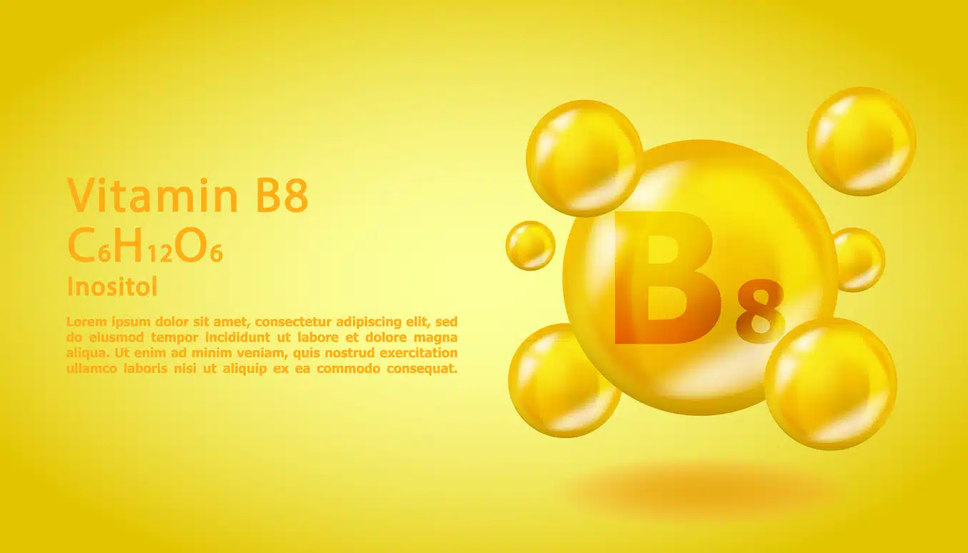 3D Vitamin molecule B8 Inositol design. Realistic B8 Inositol Vitamin drop. Yellow nutrition complex illustration concept. Drop pill capsule for beauty, cosmetic, heath advertising.
