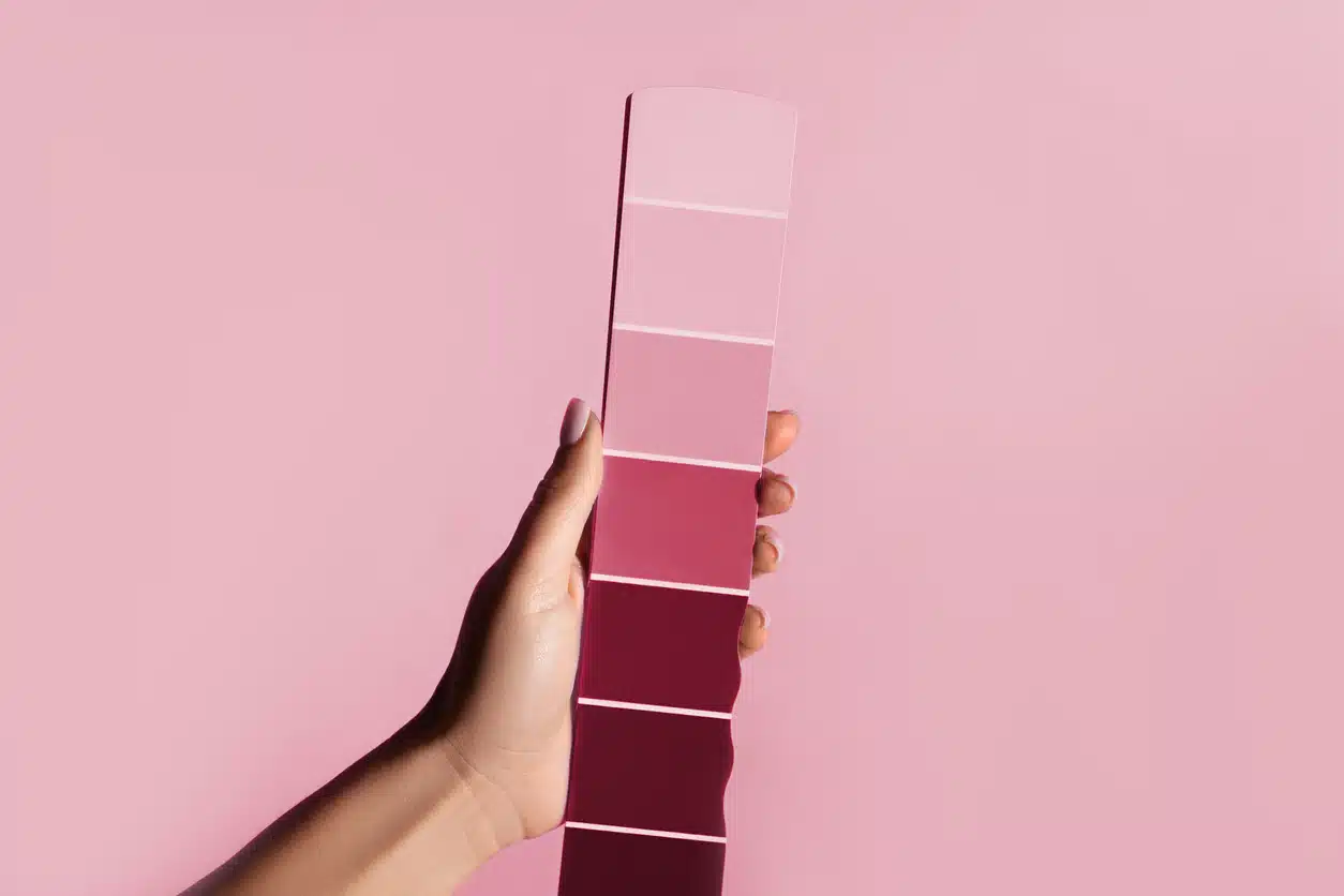 Color samples palette design catalog. New 2023 trending Color Institute 18-1750 Viva Magenta colour