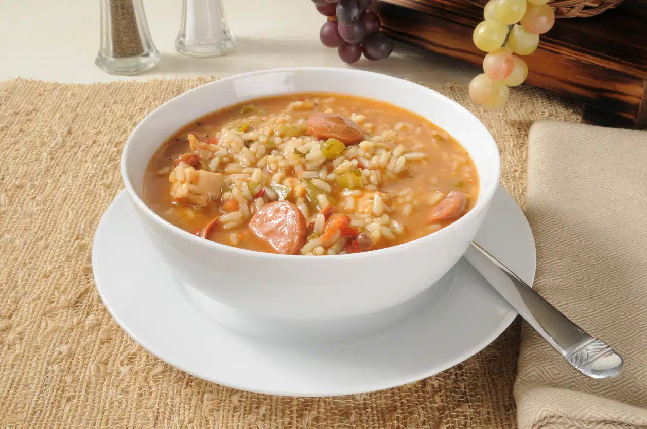 Chicken and sausage gumbo with rice