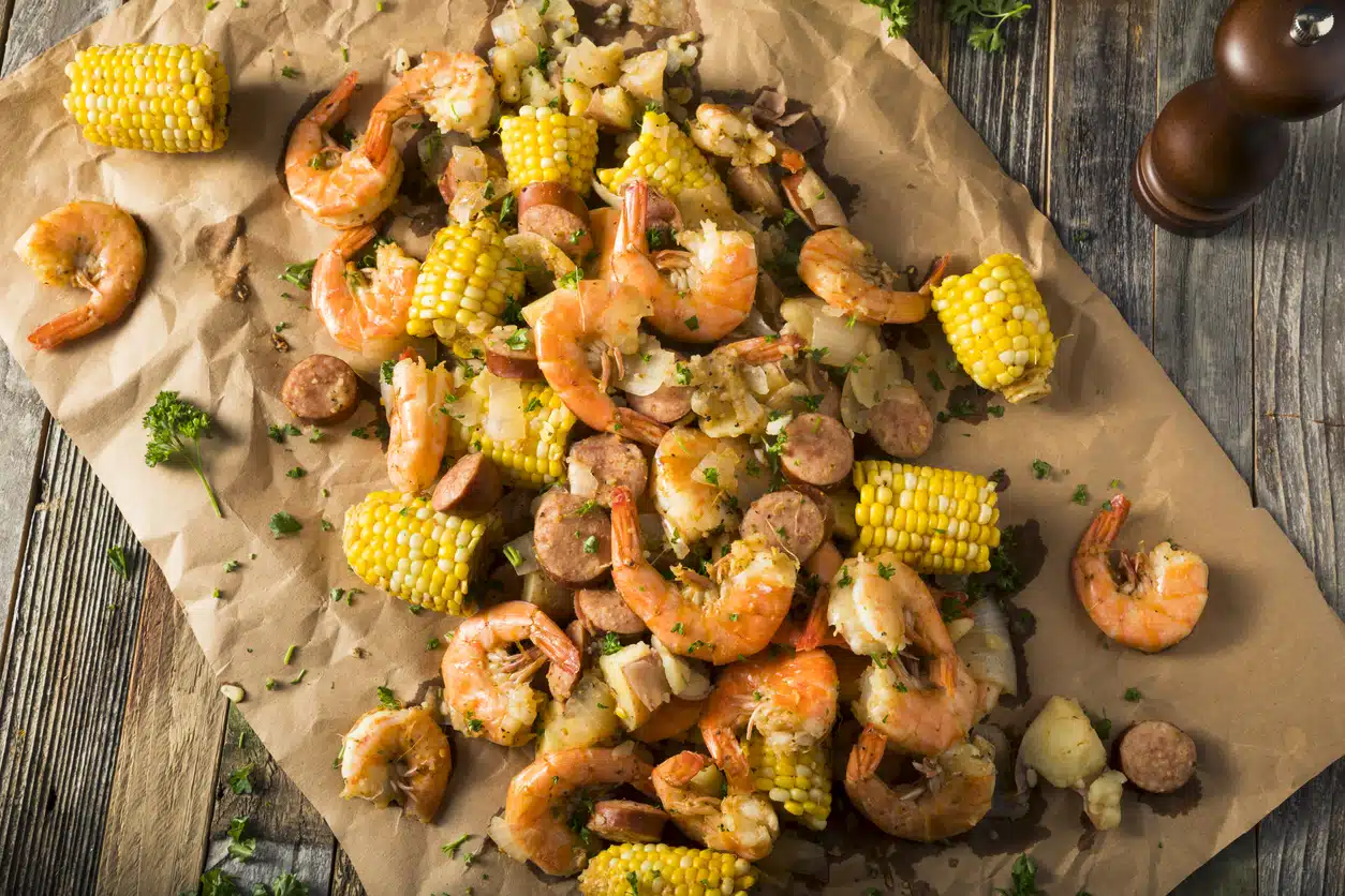 Homemade Traditional Cajun Shrimp Boil with Sausage Potato and Corn
