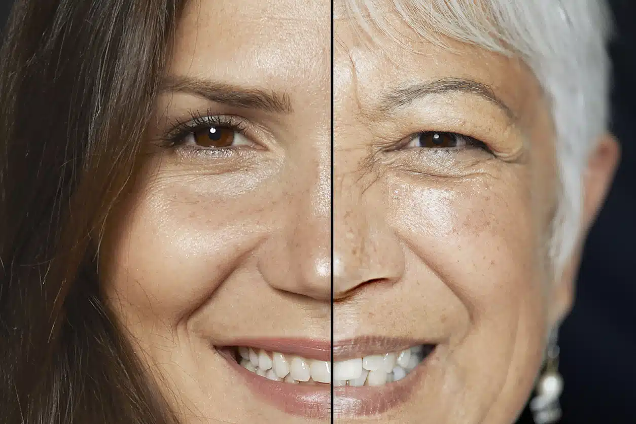 Cropped image of a woman when she was young and old on black background