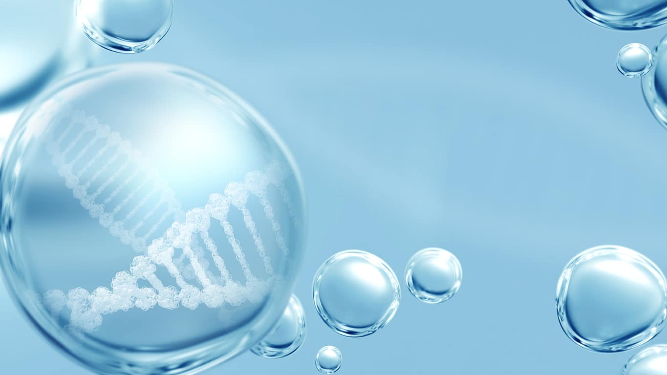 Purity of genetic vaccine antivirus mRNA engineering, and clean cosmetics for health and beauty. Futuristic medical healthcare and cosmetics concept with helix in clear bubble cell on blue background.
