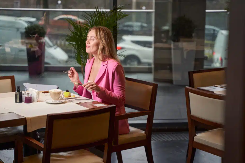 happy woman eating dessert, enjoy life