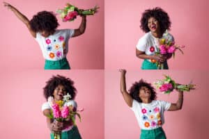 A composite image of portraits of a mid adult woman holding flowers and having fun with them while standing in front of a pink background.
