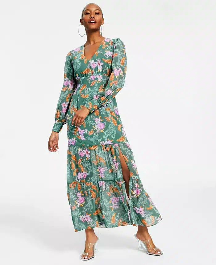 Women's Printed Long-Sleeve Slit-Hem Maxi Dress
