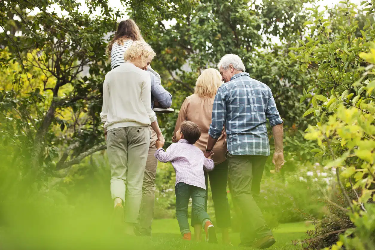 Multi-generation family walking in park