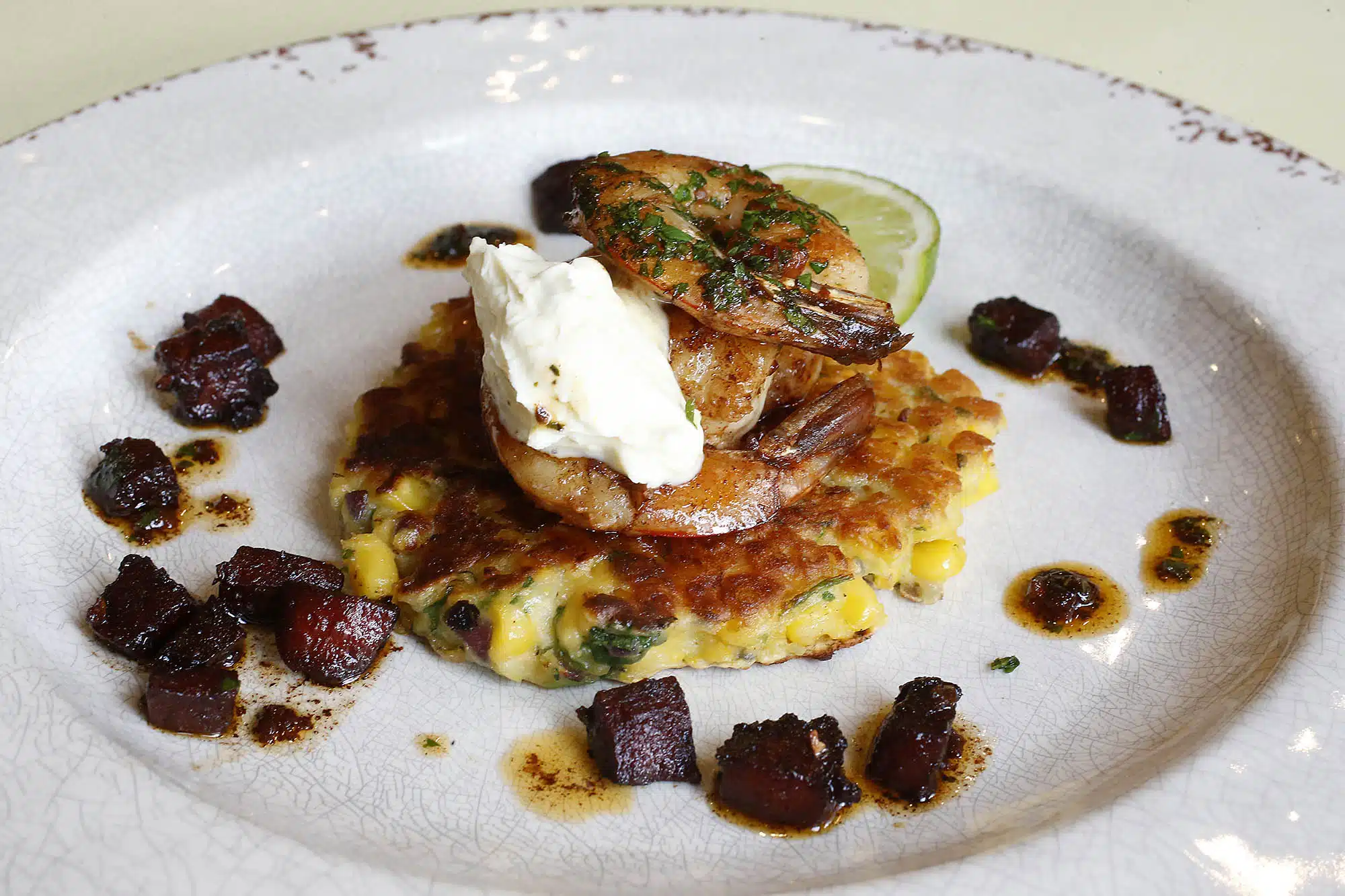 Brunch-Corn-Fritters-Garlic-Prawns-Chorizo-Citrus-Creme-Fraiche-ruth-pretty