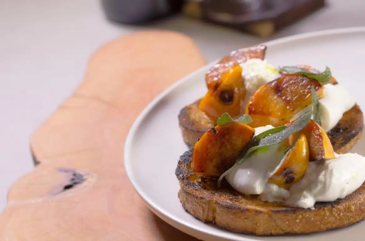 Christos Bisiotis - Bruschetta with Burrata, Fuyu Persimmon and Amaretto Honey
