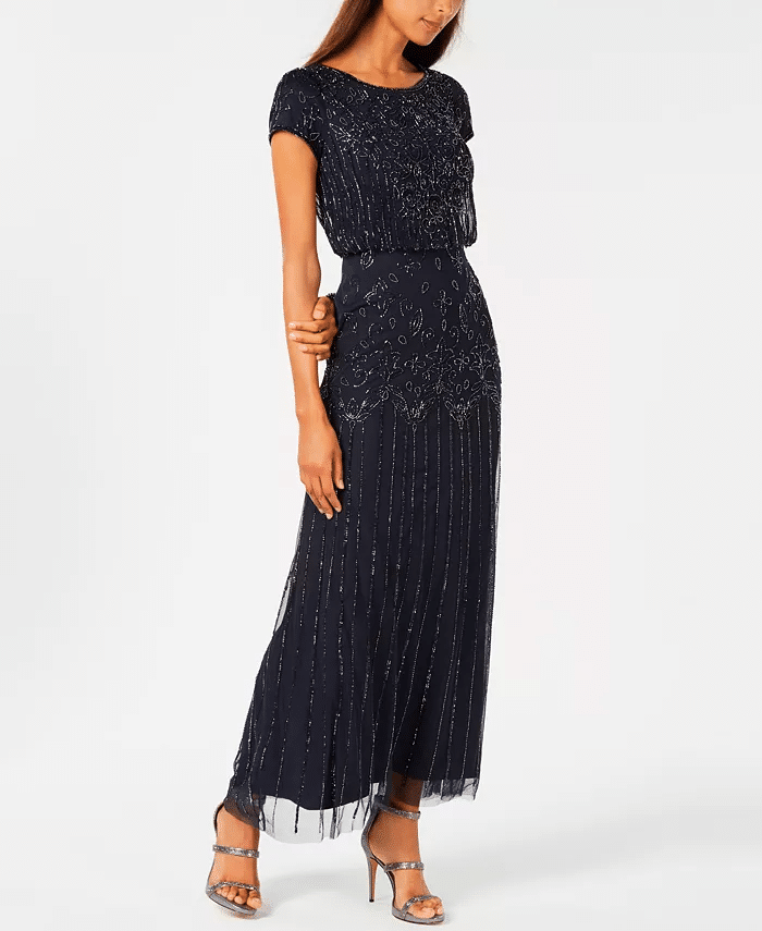 Women's Beaded Short-Sleeve Sheer-Overlay Gown $199