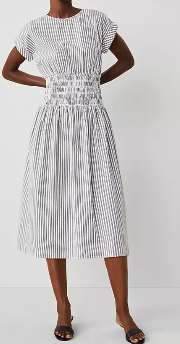 Ann Taylor Striped Smocked-Waist Midi Flare Dress, $111.30 (was $159)