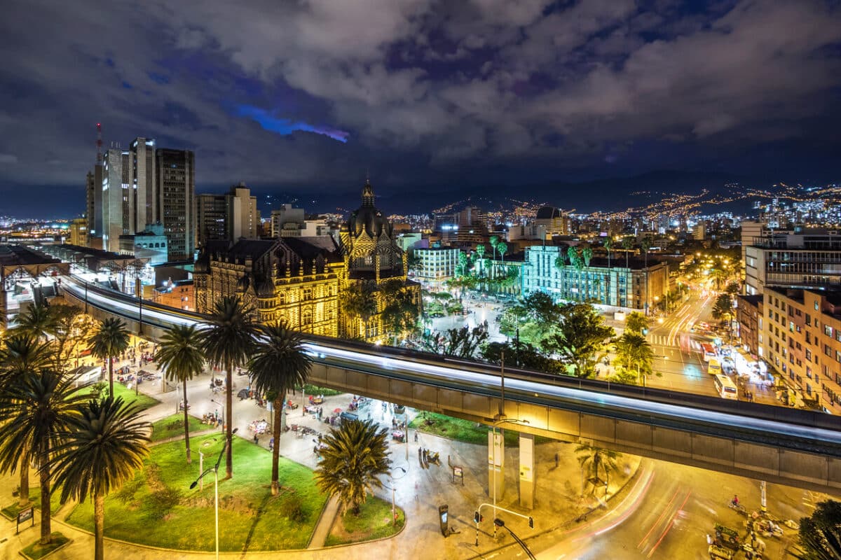 Plaza Botero Square and Downtown Medellin at Dusk in Medellin, Colombia
