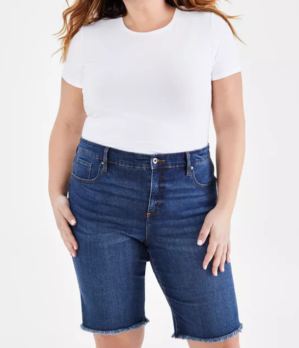 Plus Size Denim Raw-Edge Bermuda Shorts