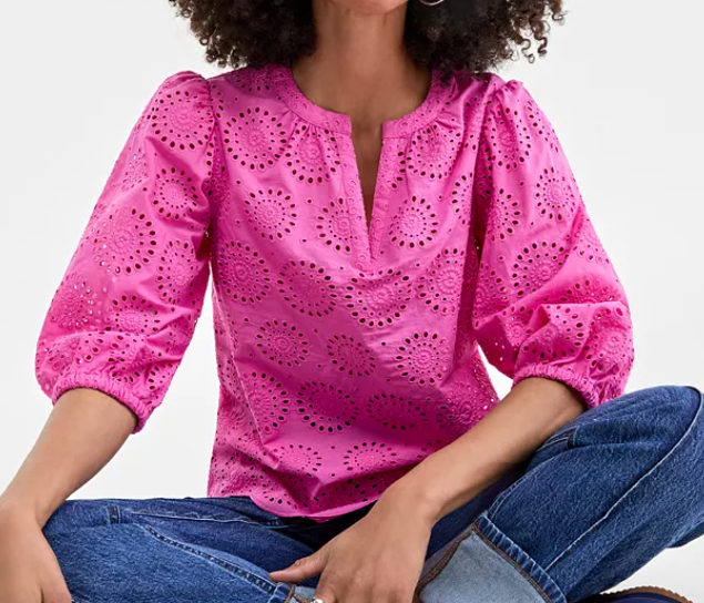 Women's Solid Eyelet Puff-Sleeve Blouse, $69.50