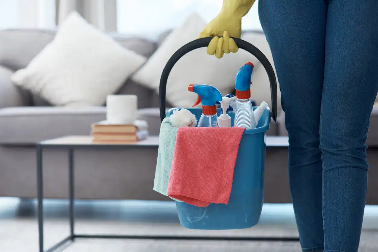 Woman holding cleaning products