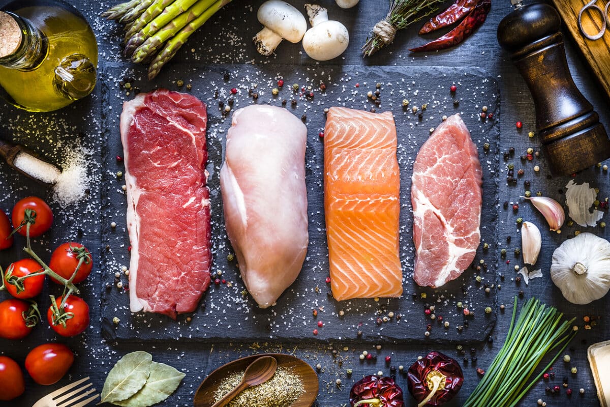 Animal protein, varieties of meat, steak, chicken, salmon