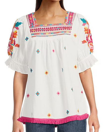 Calessa Embroidered Square Neck Short Puff Sleeve Tassel Hem, $47.40 (was $79)