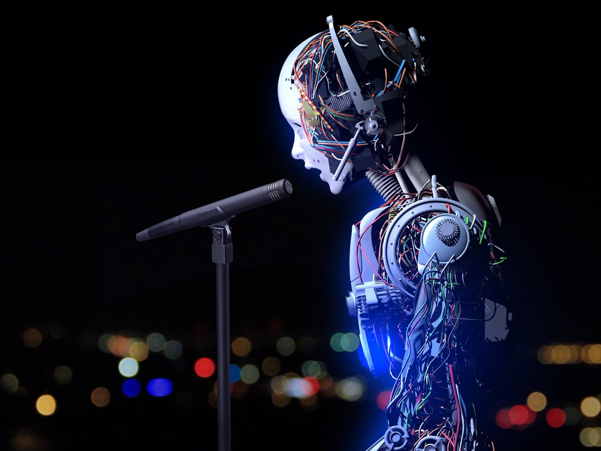 Robot singing at the microphone; AI And music