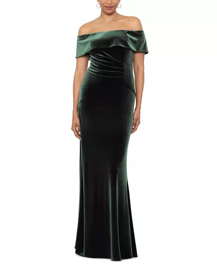 Woman wearing Xscape Off-The-Shoulder Velvet Gown,