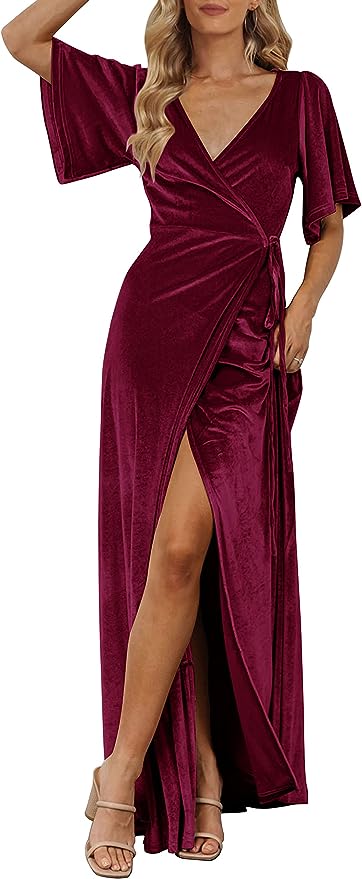 Woman wearing Wrap Velvet Maxi Dress